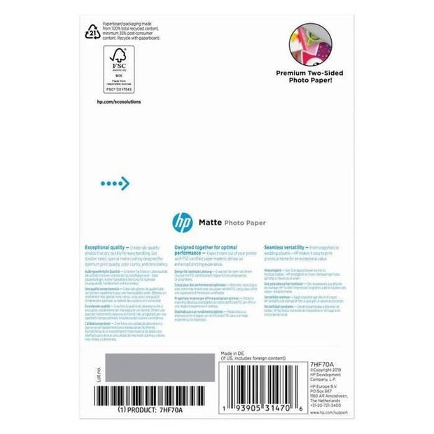 HP mat fotopapier, 180 g / m2, 10 x 15 cm, 25 vel (7HF70A)