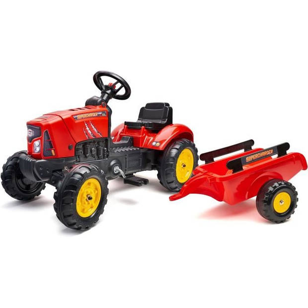 FALK - Rode Supercharger traptractor met te openen motorkap en aanhanger