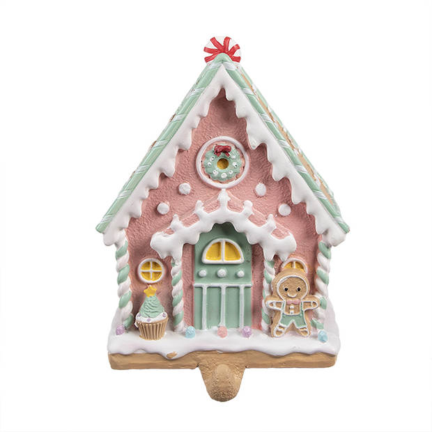 Clayre & Eef Haak Kerstsok Gingerbread house 13x10x18 cm Roze Kunststof Roze