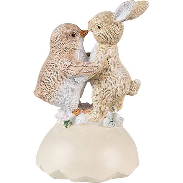 HAES DECO - Beeld Konijn en Kuikentje 13 cm Beige Bruin Kunststof Happy Easter Woonaccessoires Paashaas Pasen