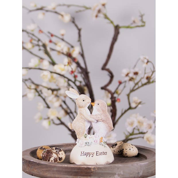 HAES DECO - Beeld Konijn en Kuikentje 13 cm Beige Bruin Kunststof Happy Easter Woonaccessoires Paashaas Pasen