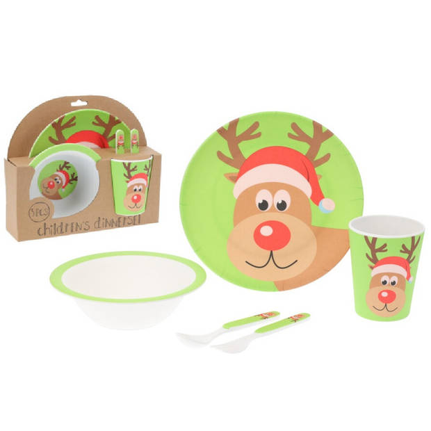 Kerst servies setje - 5-delig - groen met rendier - voor kinderen - Serviessets