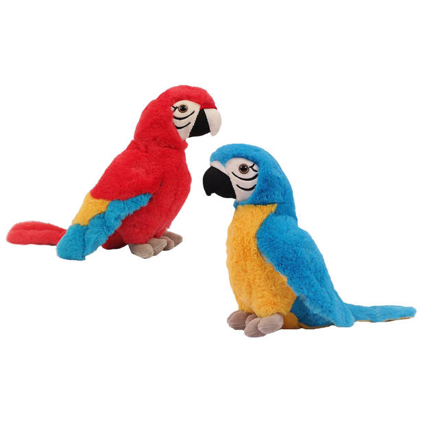 Knuffeldier Papegaaien - set 2x - zachte pluche stof - premium knuffels - blauw/rood - 24 cm - Vogel knuffels