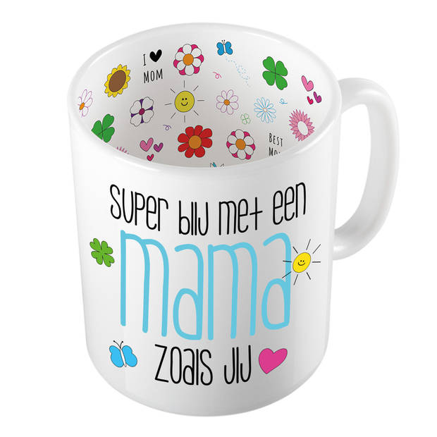 Bellatio Decorations Cadeau koffie/thee mok voor mama - blauw - super blij met mama - Moederdag - feest mokken