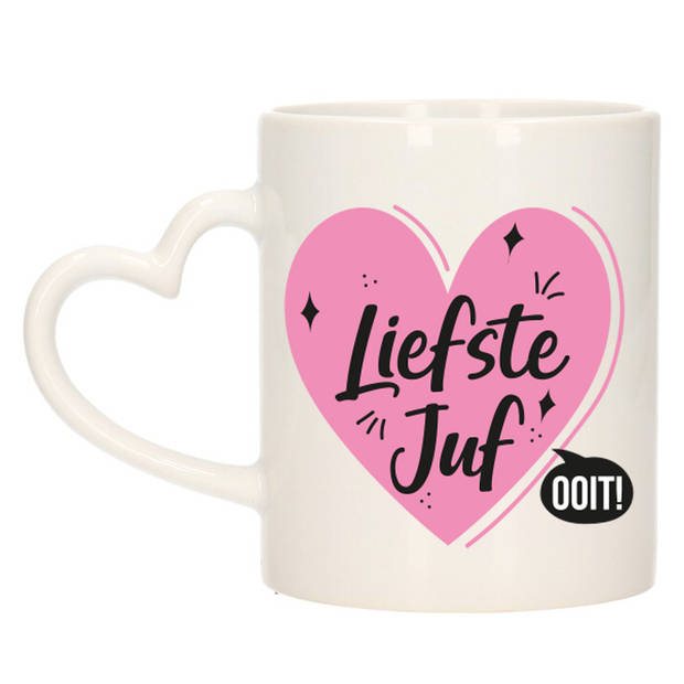 Bellatio Decorations Cadeau koffie/thee mok voor juf - roze - hartjes oor - keramiek - juffen dag - feest mokken