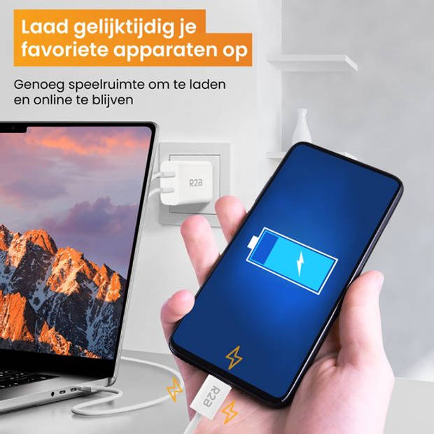 R2B USB-C naar USB-C Kabel + USB A & USB-C Adapter - 2 Meter kabel - Extra stevige USB-C kabels - Snellader