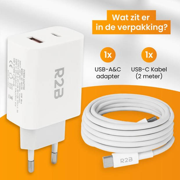 R2B USB-C naar USB-C Kabel + USB A & USB-C Adapter - 2 Meter kabel - Extra stevige USB-C kabels - Snellader