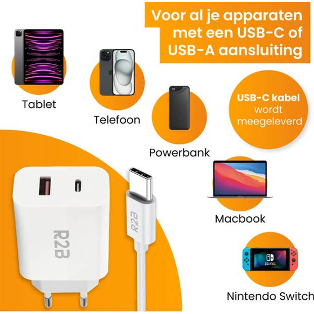 R2B USB-C naar USB-C Kabel + USB A & USB-C Adapter - 2 Meter kabel - Extra stevige USB-C kabels - Snellader