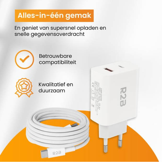 R2B USB-C naar USB-C Kabel + USB A & USB-C Adapter - 2 Meter kabel - Extra stevige USB-C kabels - Snellader