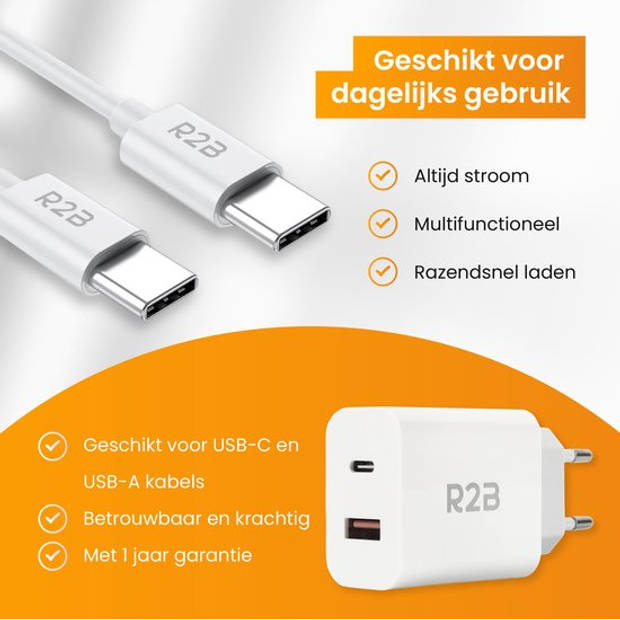 R2B USB-C naar USB-C Kabel + USB A & USB-C Adapter - 2 Meter kabel - Extra stevige USB-C kabels - Snellader