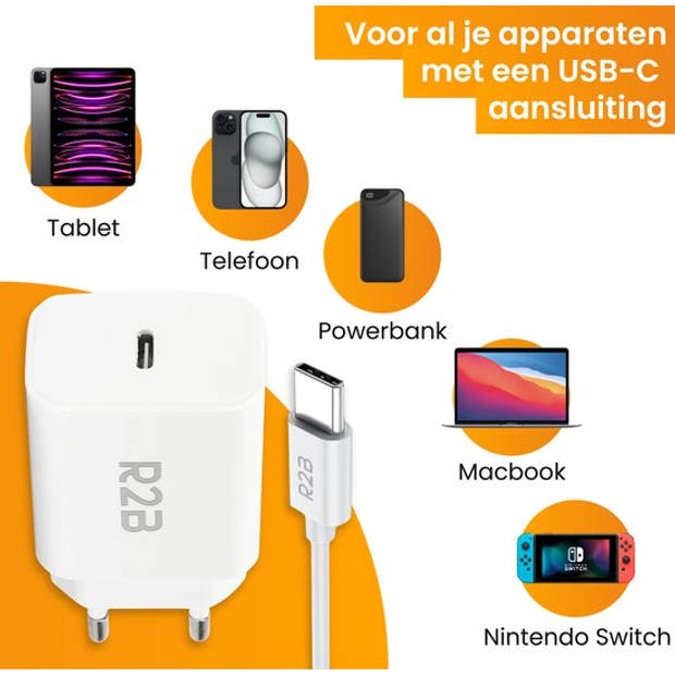 R2B USB-C naar USB-C Kabel met USB C Adapter - 2 Meter kabel - Extra stevige USB-C kabels - Snellader