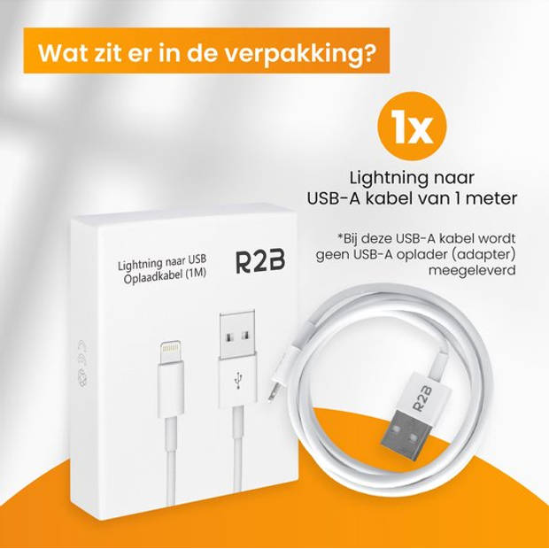 R2B USB-A naar Lightning Kabel - 1 Meter - Extra stevige USB-A kabels - Oplader voor Apple, iPhone, Airpods, iPads