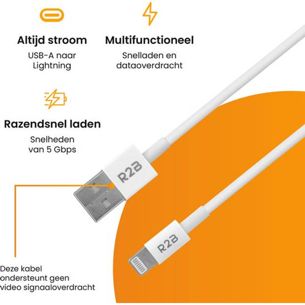 R2B USB-A naar Lightning Kabel - 1 Meter - Extra stevige USB-A kabels - Oplader voor Apple, iPhone, Airpods, iPads