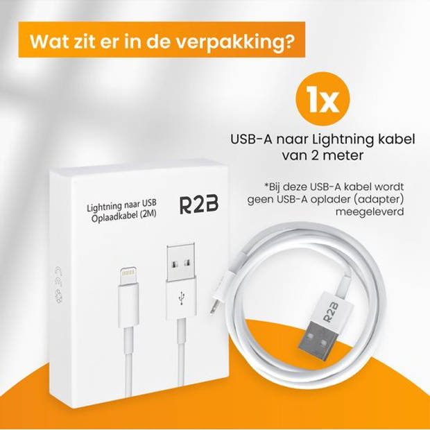 R2B USB-A naar Lightning Kabel - 2 Meter - Extra stevige USB-A kabels - Oplader voor Apple, iPhone, Airpods, iPads