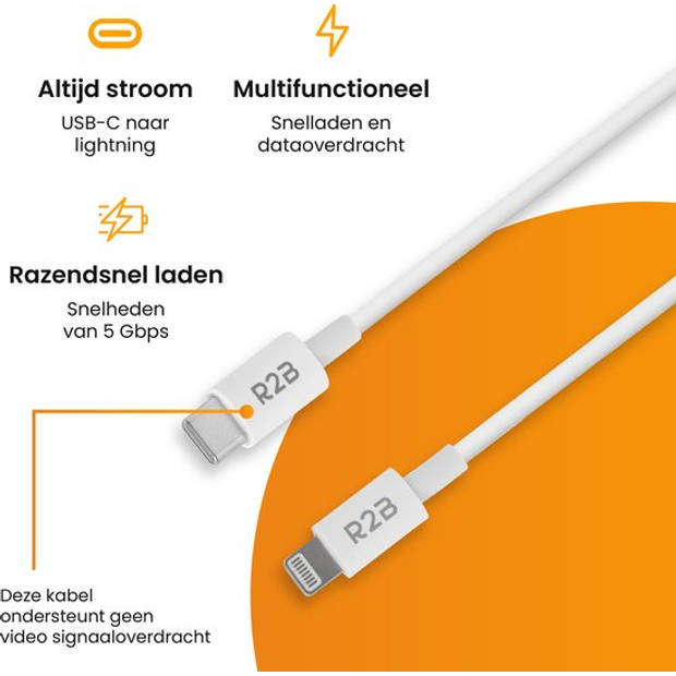 R2B USB-C naar Lightning Kabel - 1 Meter - Extra stevige USB-C kabels - Oplader voor Apple, iPhone, Airpods, iPads