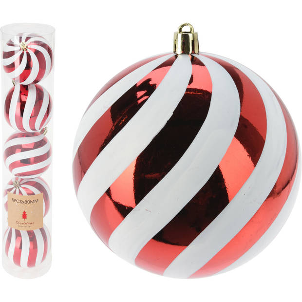 Christmas Decoration Kerstballen - 5x st - 8 cm - rood/wit- kunststof - Kerstbal