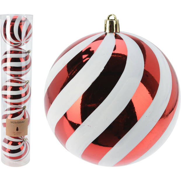 Christmas Decoration Kerstballen - 5x st - 10 cm - rood/wit- kunststof - Kerstbal