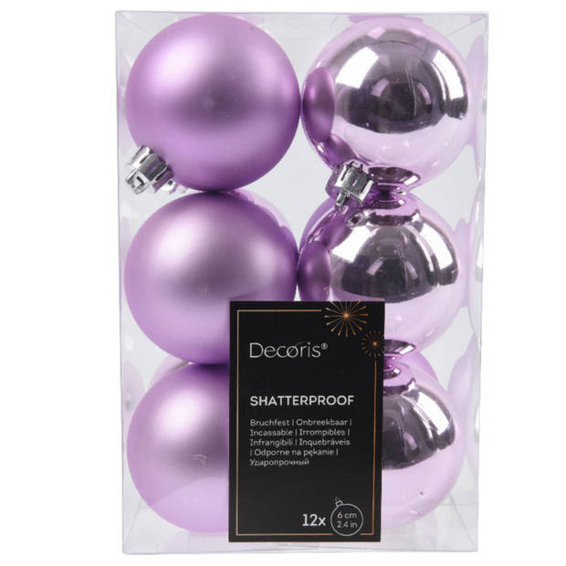 Decoris kerstballen - 12x st- 6 cm - lila paars - kunststof - Kerstbal