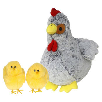 Pluche kip knuffel - 20 cm - grijs - met 4x gele kuikens 7 cm - kippen familie - Vogel knuffels