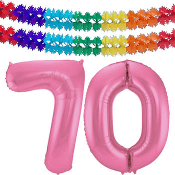 Leeftijd feestartikelen/versiering grote folie ballonnen 70 jaar glimmend roze 86 cm + slingers - Ballonnen