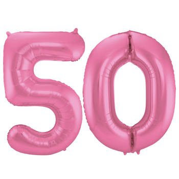 Leeftijd feestartikelen/versiering grote folie ballonnen 50 jaar glimmend roze 86 cm - Ballonnen