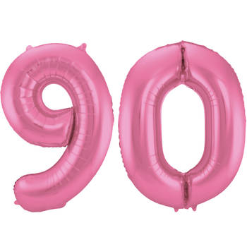 Leeftijd feestartikelen/versiering grote folie ballonnen 90 jaar glimmend roze 86 cm - Ballonnen