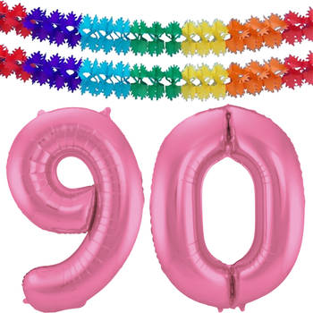 Leeftijd feestartikelen/versiering grote folie ballonnen 90 jaar glimmend roze 86 cm + slingers - Ballonnen