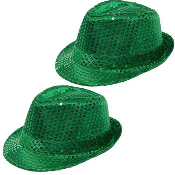 2x Stuks Trilby hoeden met pailletten - groen - glitter - Verkleedhoofddeksels