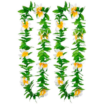 Boland Hawaii krans/slinger - 2x - Tropische kleuren mix groen/wit - Bloemen hals slingers - Verkleedkransen