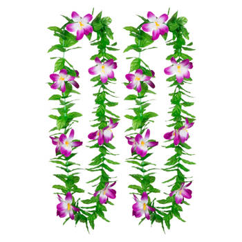 Boland Hawaii krans/slinger - 2x - Tropische kleuren mix groen/paars - Bloemen hals slingers - Verkleedkransen