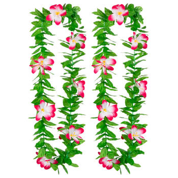 Boland Hawaii krans/slinger - 2x - Tropische kleuren mix groen/roze - Bloemen hals slingers - Verkleedkransen