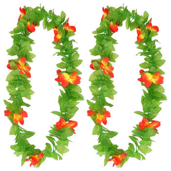 Boland Hawaii krans/slinger - 2x - Tropische kleuren mix groen/geel/rood - Bloemen hals slingers - Verkleedkransen