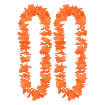 Boland Hawaii krans/slinger - 2x - Tropische kleuren oranje - Bloemen hals slingers - Verkleedkransen