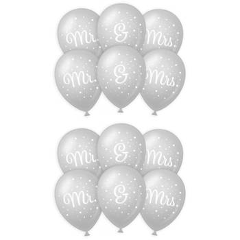 12x stuks Mr. & Mrs huwelijks feest ballonnen - zilver/wit - latex - ca 30 cm - Ballonnen