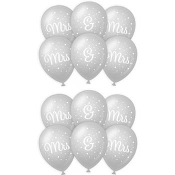 12x stuks Mrs. & Mrs. huwelijks feest ballonnen - zilver/wit - latex - ca 30 cm - Ballonnen