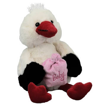 Inware pluche geboorte ooievaar knuffeldier - wit - staand - 21 cm - baby girl/geboorte jongen - Vogel knuffels