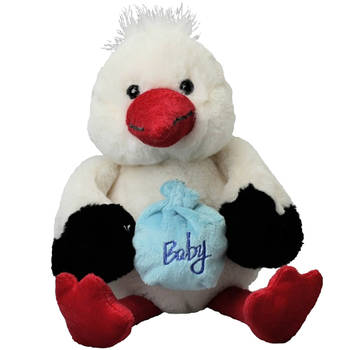 Inware pluche geboorte ooievaar knuffeldier - wit - staand - 21 cm - baby boy/geboorte jongen - Vogel knuffels