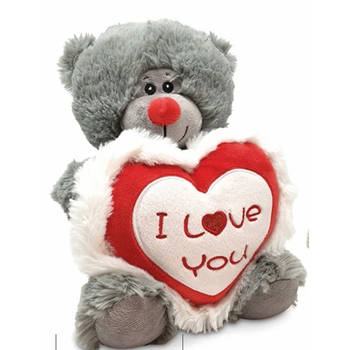 Jono Toys Pluche knuffelbeer/teddybeer met I love you hartje - grijs - 30 cm - Knuffelberen