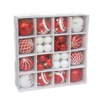 Gerimport Kerstballen en ornamenten - 42-delig - rood/wit - kunststof - Kerstbal