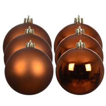 Decoris kerstballen - 6x st- 8 cm - koper/cognac bruin - kunststof - Kerstbal