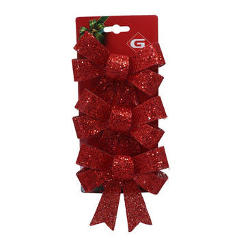 Gerimport kerst ornamenten strikjes 3x- rood -10x13 cm -glitter - Kersthangers