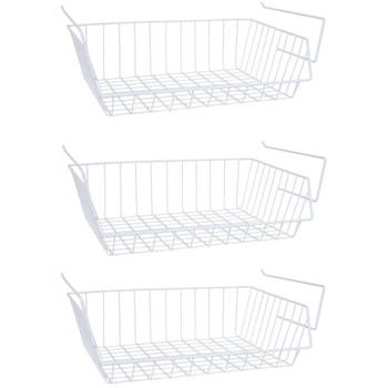 MSV Kastmandje - 3x - opberg/hang mandjes - rvs - wit - 40 x 27 x 14 cm - Opbergmanden