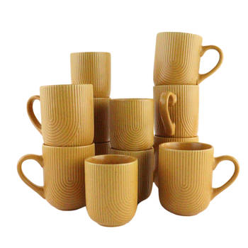 OTIX Koffiekopjes - Set van 12 - Cappuccino Kopjes - Met Oor - 300ml - Zonder Oor - 190ml - Mustard yellow - SPRUCE