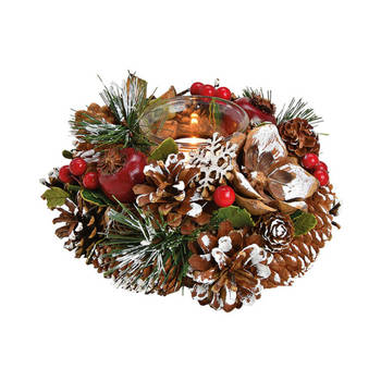 Kaarsenhouder ornament - bruin/rood - hout - 18 cm - Kerststukjes