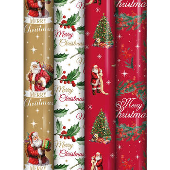 Kerstmis assortiment cadeaupapier - inpakpapier voor Kerst KE127 - 4 mtr x 70 cm - 4 rollen