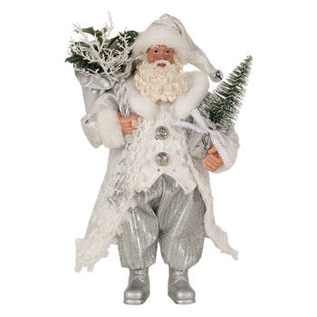 Clayre & Eef Kerstdecoratie Beeld Kerstman 27 cm Wit Zilverkleurig Kunststof Wit