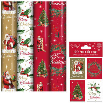 Kerstmis cadeaupapier - inpakpapier voor Kerst en 20 cadeaukaartjes KE127 - 4 mtr x 70 cm - 4 rollen