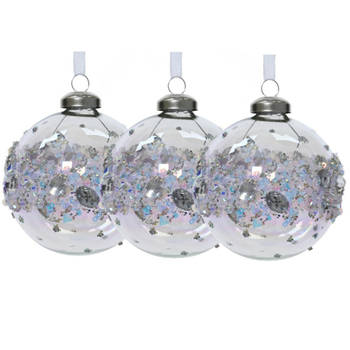 Decoris Luxe kerstballen - 3x - 8 cm - transparant parelmoer - glas - Kerstbal