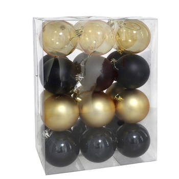 Gerimport kerstballen - 24x st- 7 cm - zwart/goud - kunststof - Kerstbal