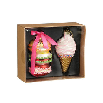 House of Seasons Kersthangers macaron en ijsje - 2x st - glas - Kersthangers